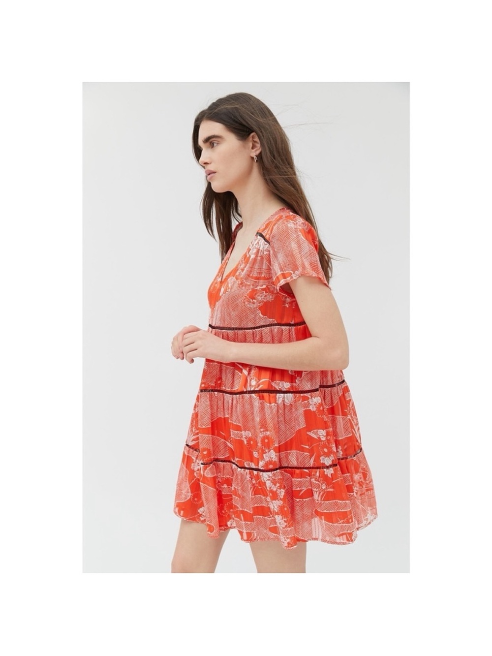 Urban Outfitters Orange Pippa Chiffon Floral Tiered Mini Dress